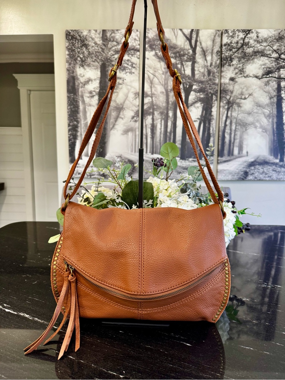 🤎The Sak Silverlake Cognac Pebbled Leather Studded Hobo Crossbody Shoulder Bag